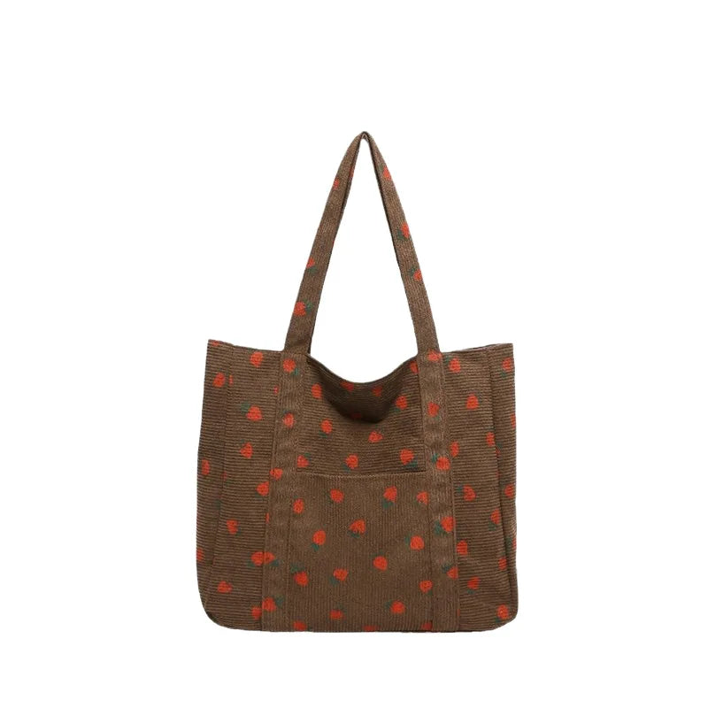 Strawberry Corduroy Tote Bag – Large Shoulder Bag for Women