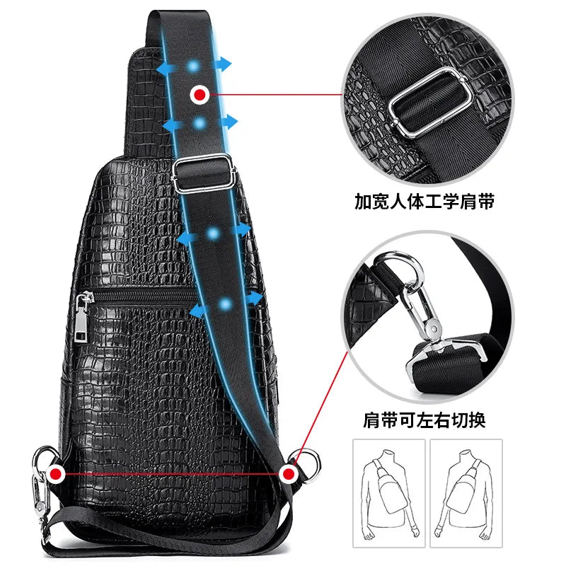 Crocodile Pattern Men S Single-Shoulder Chest Bag Top Layer Cowhide Crossbody Bag Men S