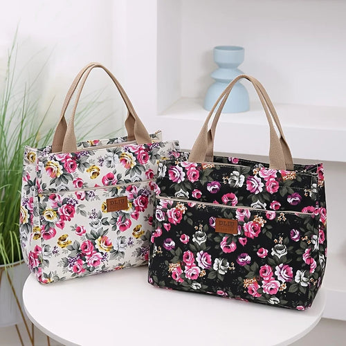 Floral Print Tote Bag Portable Canvas Lunch Bag Women S Casual Handbag Picnic Travel Designer Bags