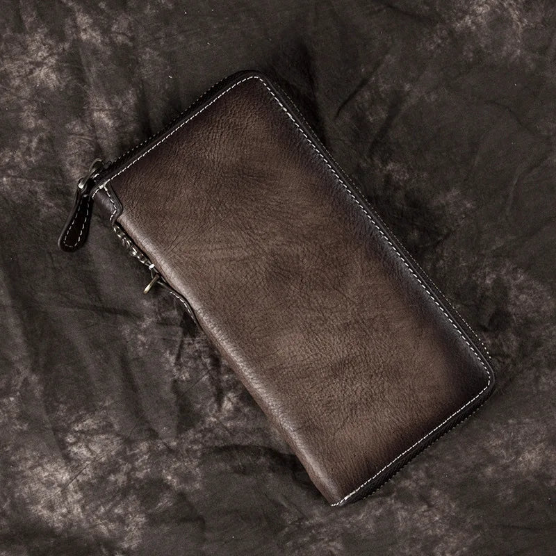 Vintage Men S Wallet Long Zipper Genuine Leather Hand-Held Multi-Functional Cowhide