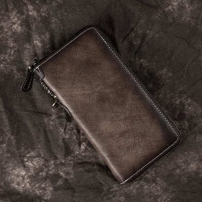 Vintage Men S Wallet Long Zipper Genuine Leather Hand-Held Multi-Functional Cowhide