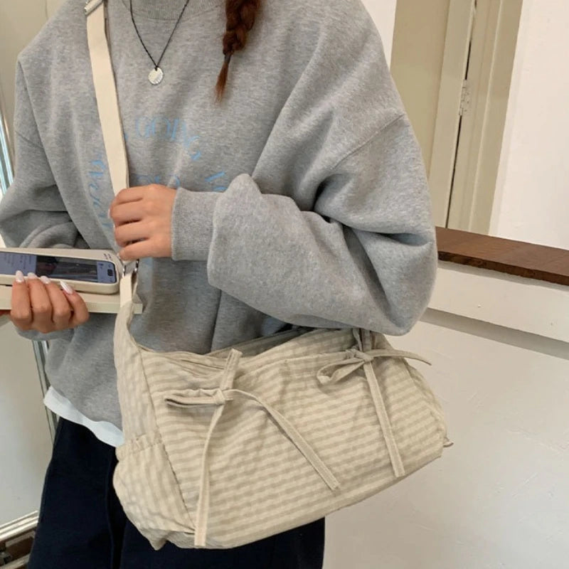 Plaid Bow Crossbody Bag – Large Capacity Soft Shoulder Tote