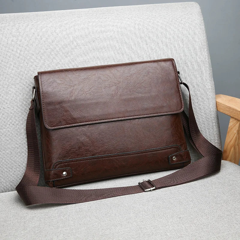 Men S Solid Color Retro Leather Shoulder Bag Casual Business Crossbody Bags Horizontal A4 Paper