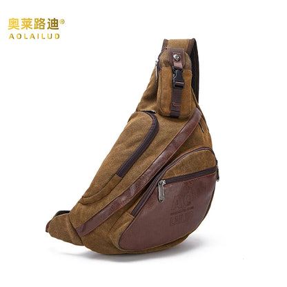 Canvas Leather Patchwork Retro Crossbody Chest Bag Crescent-Shaped Multi-Functional Large-Capacity