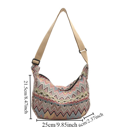 Boho Canvas Shoulder Bag – Adjustable Strap with Fur Ball Charm