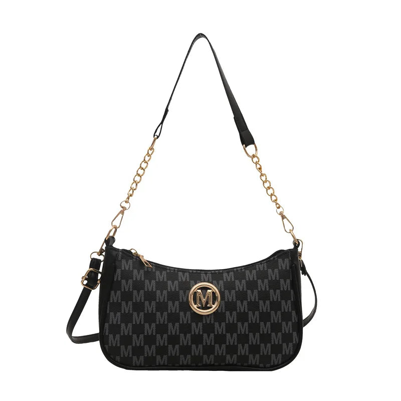 Chic Monogram Print Beige Shoulder Bag Small Crossbody Handbag Gold Chain Accent Woman Everyday