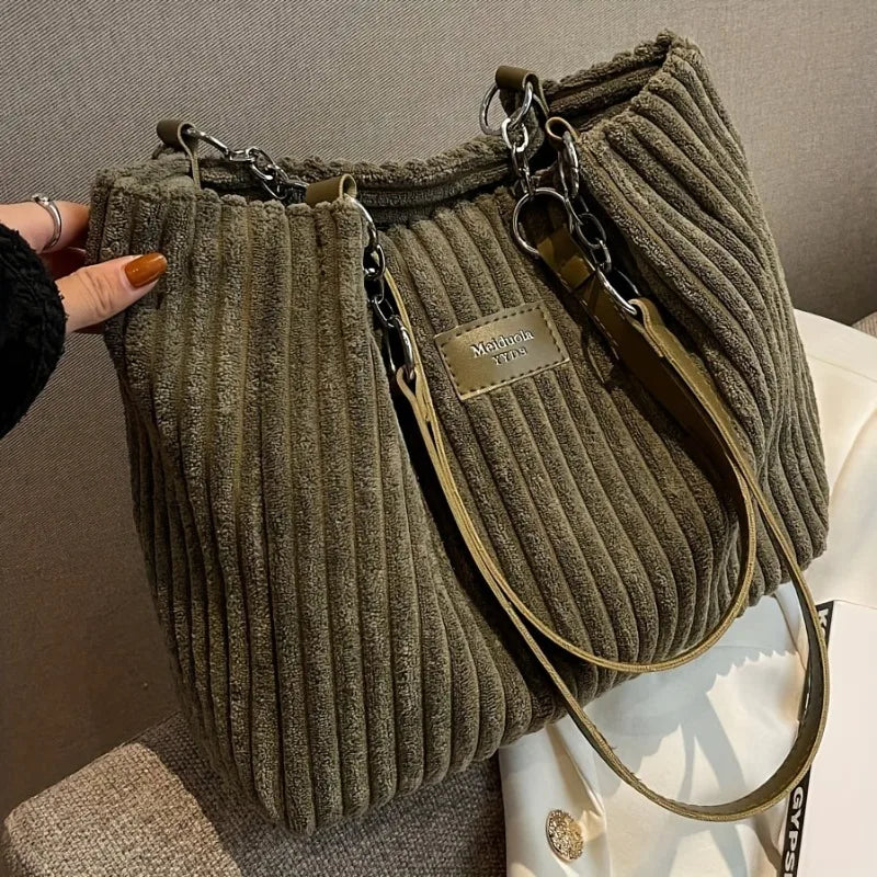 Corduroy Shoulder Tote Bag with Chain Accent