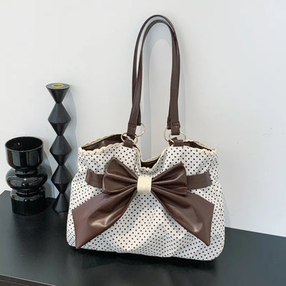 Polka Dot Tote Bag Big Leather Bow Lace Trim Large Capacity Shoulder Handbag