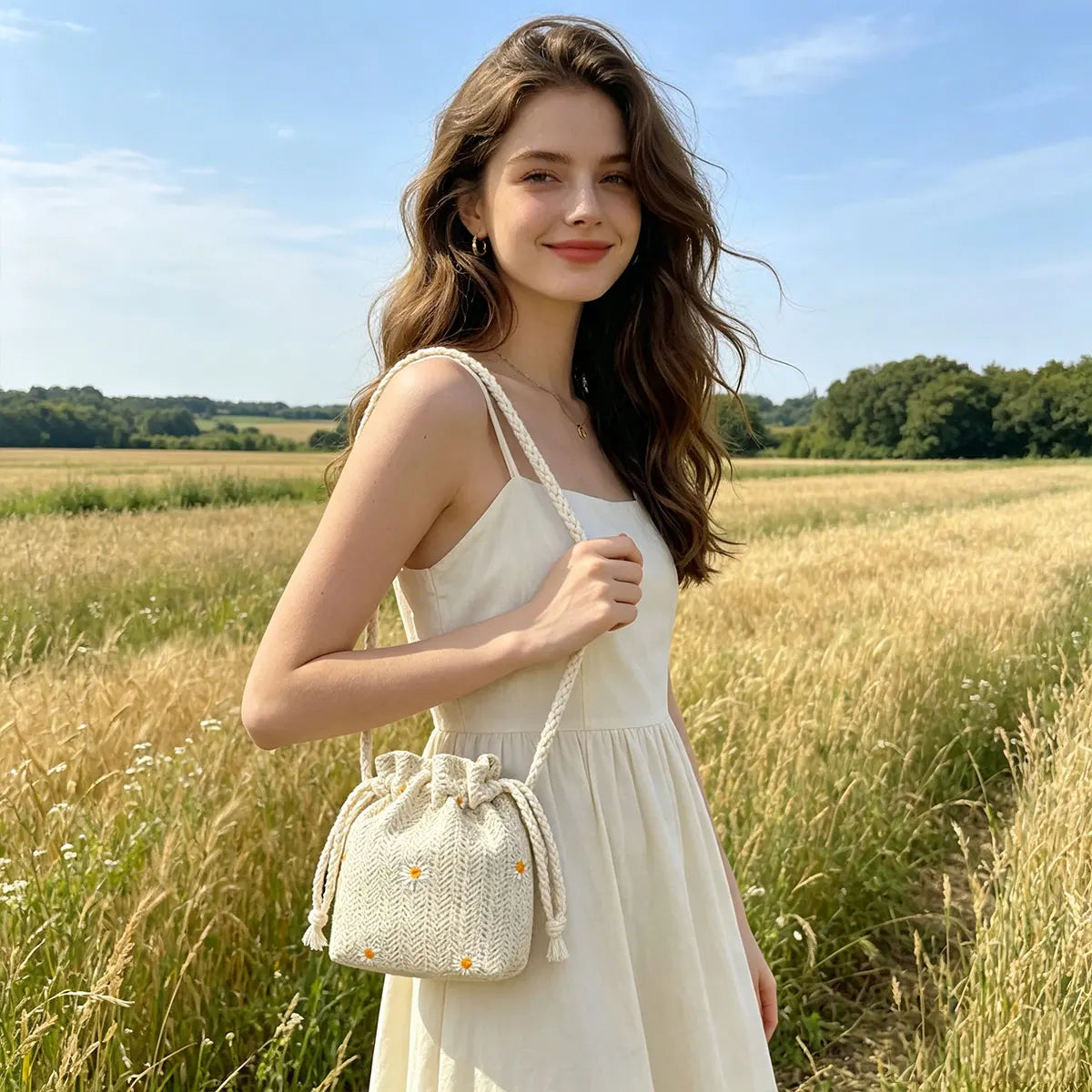 Premium Beach Grass Woven Mini Bucket Bag Pulling Rope Design Single Shoulder Crossbody Casual