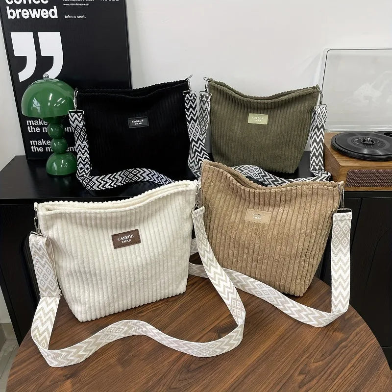 Corduroy Crossbody Bag – Women's Shoulder Bag with Patterned Strap