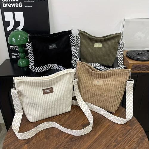 Corduroy Crossbody Bag – Women's Shoulder Bag with Patterned Strap