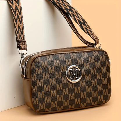 Women's PU Leather Crossbody Bag with M Logo Badge & Wide Strap
