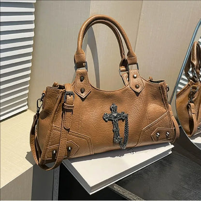 Gothic Shoulder Bag – Vintage Faux Leather Cross Chain Handbag