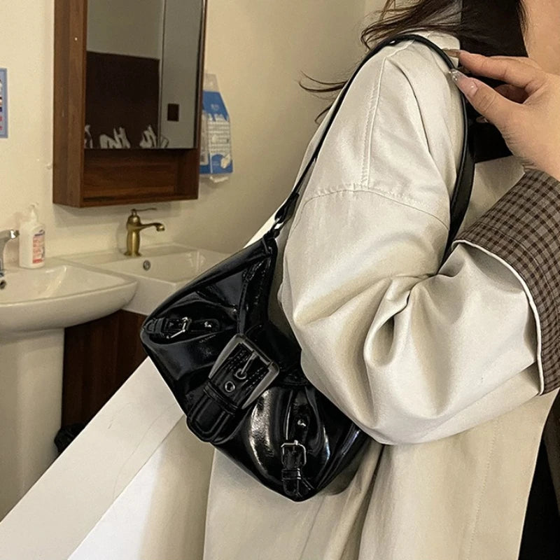 Simple Leather Shoulder Bag Big Metal Buckle Decor Side Strap Details Underarm Adjustable Wide Y2k