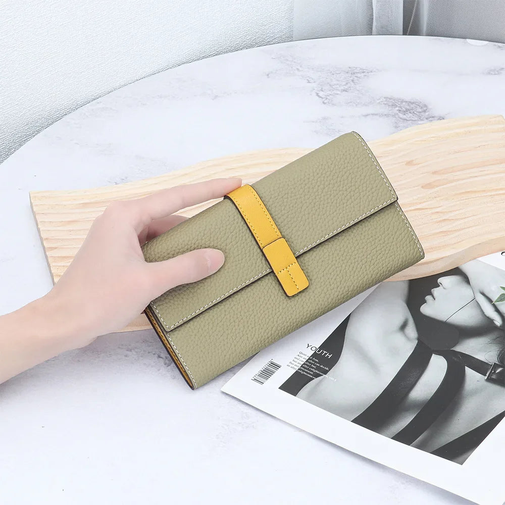 Color Contrast Long Purse Women Large Capacity Passport Position Mobile Phone Holding Bag Leather