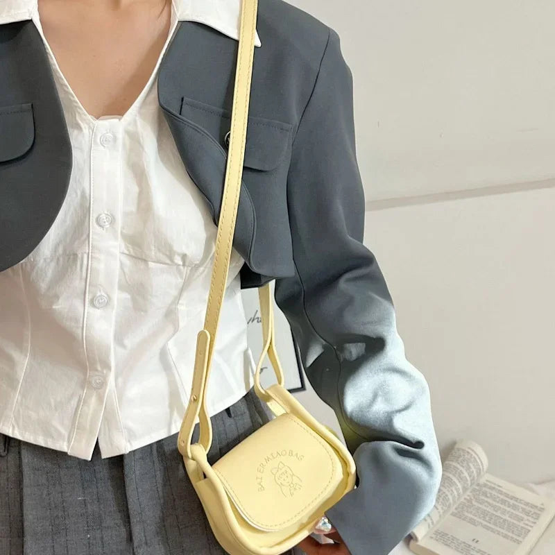 Mini PU Leather Shoulder Bag with Pompom Charm & Adjustable Strap