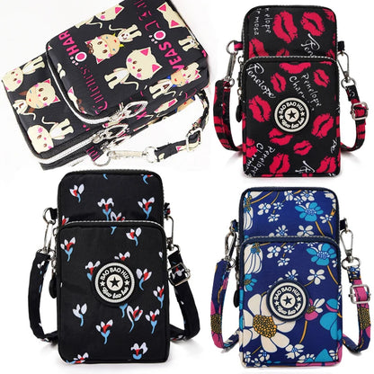 Multi Pattern Printed Crossbody Phone Bag Lightweight Nylon Purse Adjustable Strap Mini Shoulder
