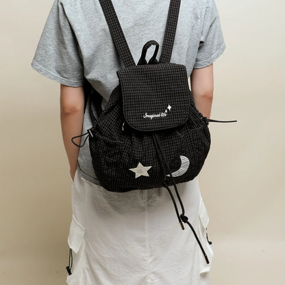 Plaid Polyester Double-Shoulder Bag Plaid Lightweight Drawstring Small Backpack