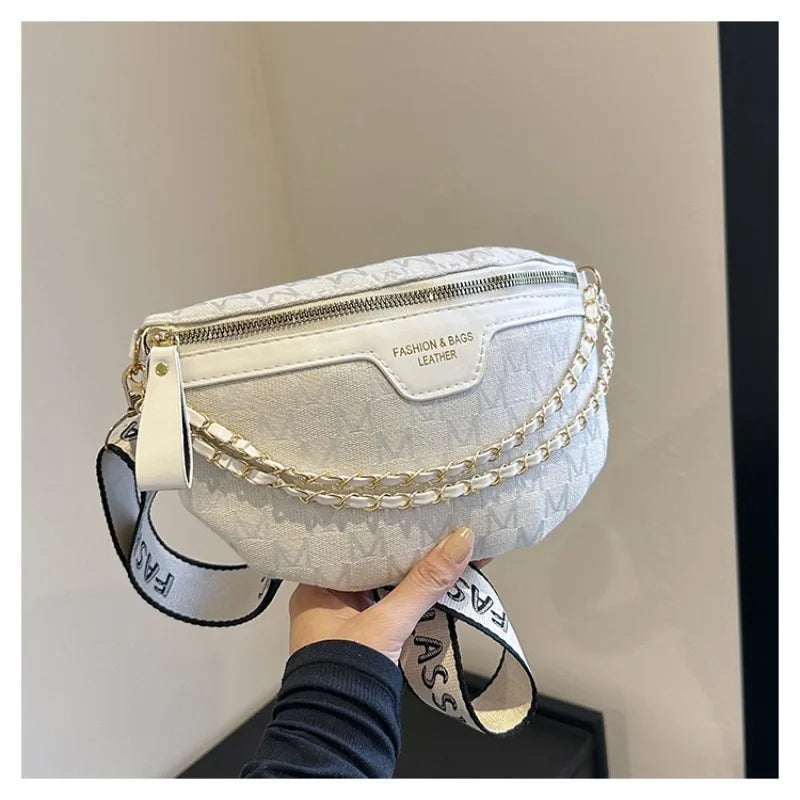 Crossbody Chest Bag with Chain Letter Pattern - Adjustable Waist Bag