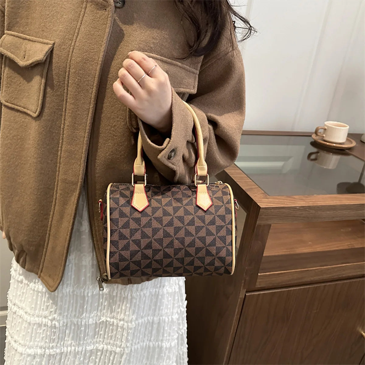 Business Crossbody Bag Windmill Print Pu Color Block Trim Large Capacity Zipper Adjustable Strap