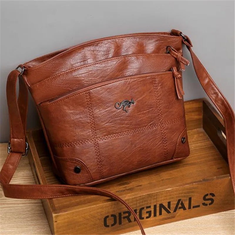 Soft Washed Leather Crossbody Bag – Retro Multi-Pocket Shoulder Messenger