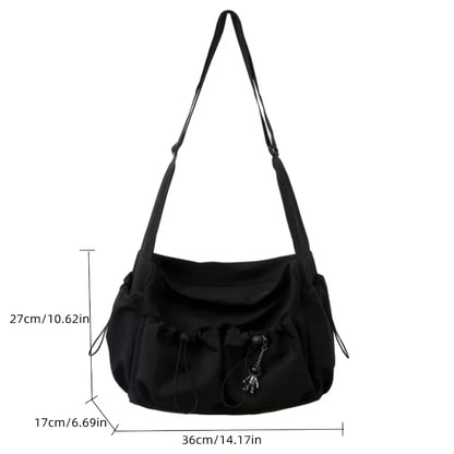 Large Crossbody Bag with Drawstring Accent & Charm – Spacious Zipper Shoulder Bag