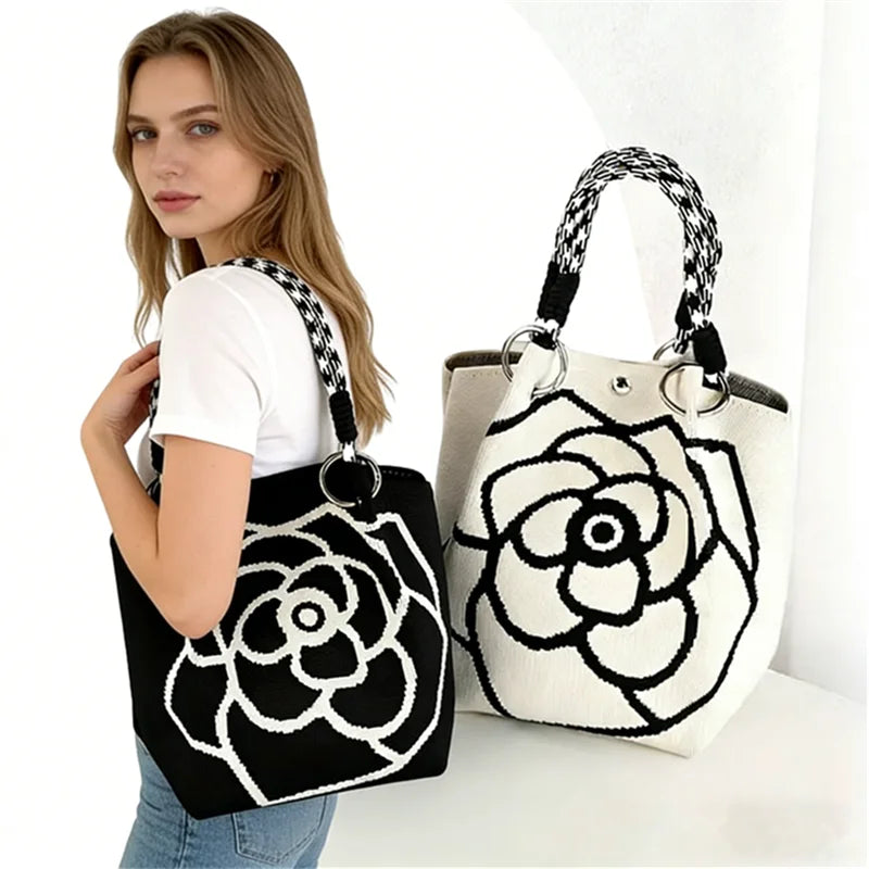 Knitted Tote Bag with Camellia Flower - Large Capacity Weave Handbag