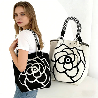 Knitted Tote Bag with Camellia Flower - Large Capacity Weave Handbag