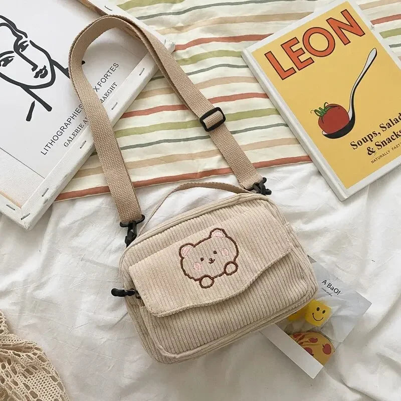 Teddy Bear Embroidered Corduroy Crossbody Bag for Teens