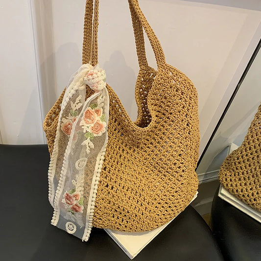 Woven Straw Tote Bag – Large Capacity Beach Shoulder Bag with Scarf
