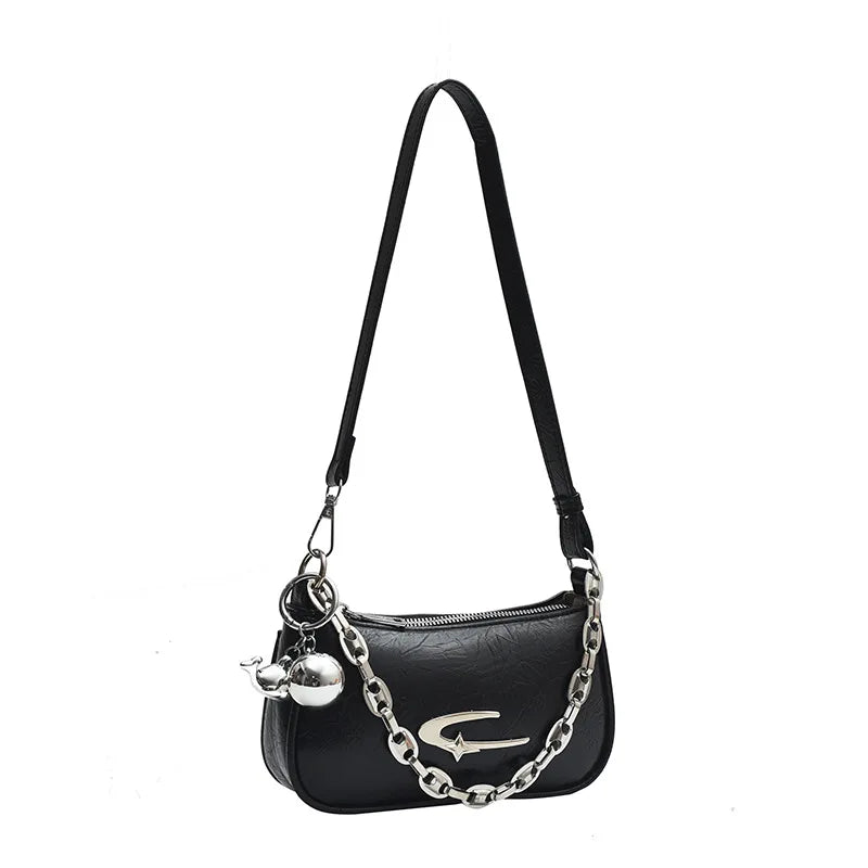 Leather Crossbody Bag with Chunky Chain – Women's Trendy Shoulder Handbag