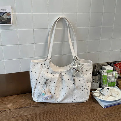 Sweet Women Shoulder Bag Polka Dot Cute Pendant Tote Pu Leather Large Capacity Handbag Commute