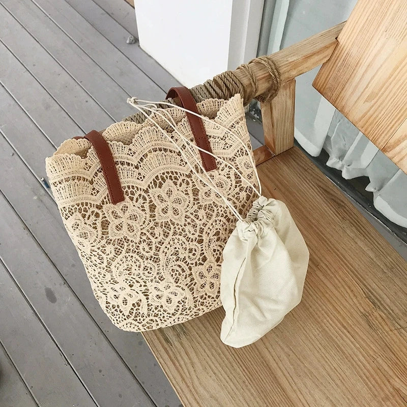Floral Lace Tote Bag with Leather Handles & Magnetic Closure