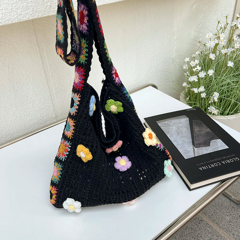 Trendy Bohemian Crochet Bag Cute Floral Shoulder Lightweight Soft Fabric Woman Tote Summer Outdoors