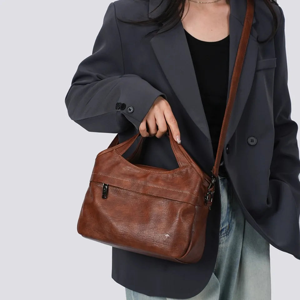 Washed Leather Crossbody Bag for Women – Multi-Pocket Shoulder Handbag