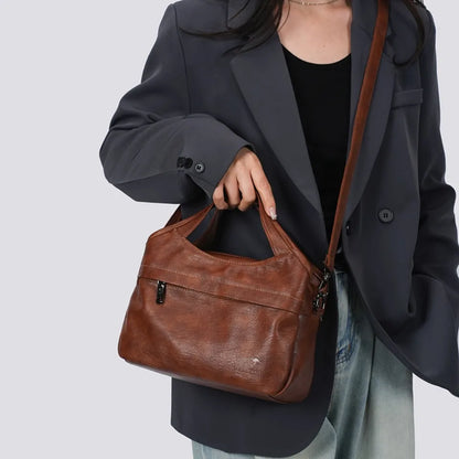 Washed Leather Crossbody Bag for Women – Multi-Pocket Shoulder Handbag