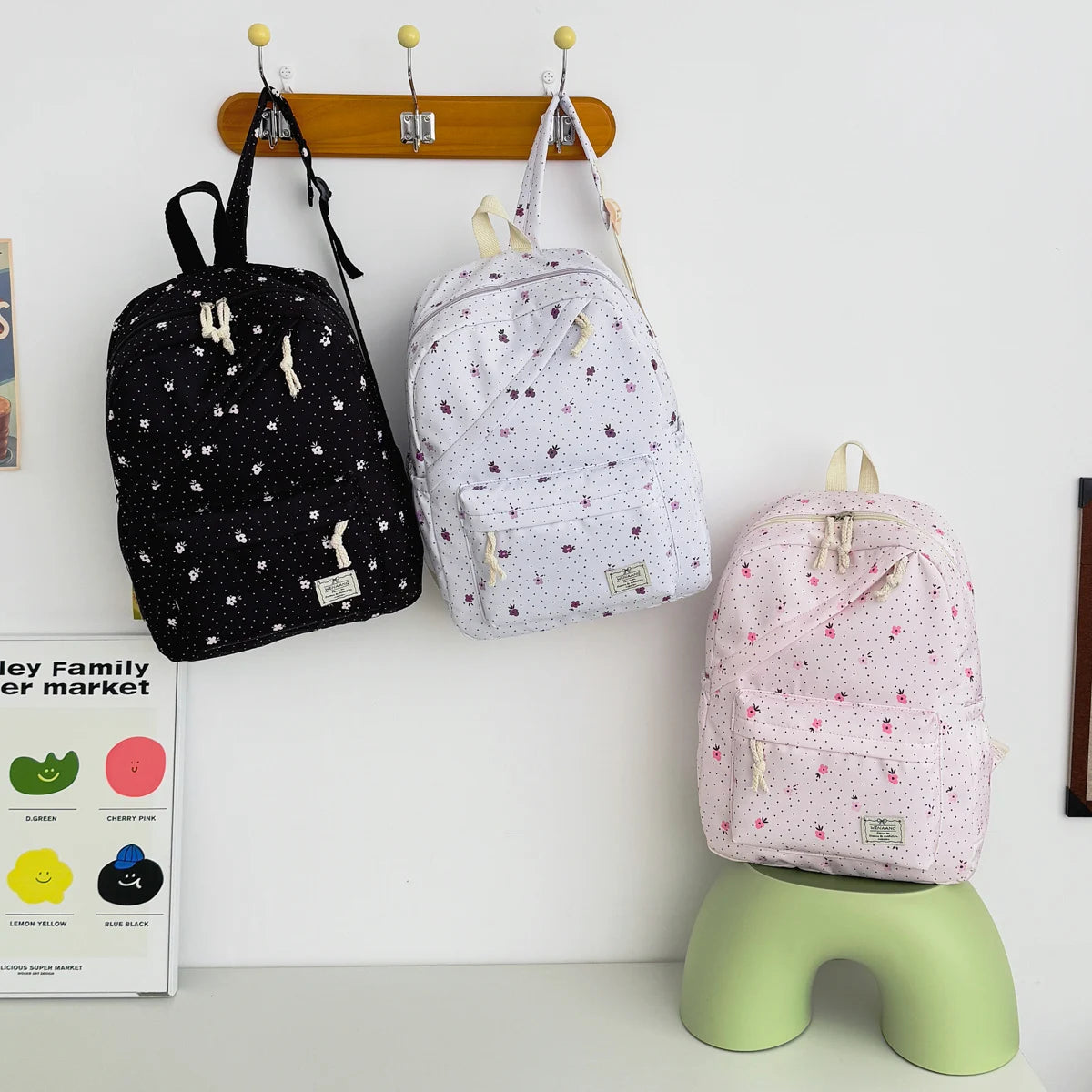 Lovely Sweet Polka Dot Floral Print Backpack Teen Girls Lightweight Large Storage Versatile School