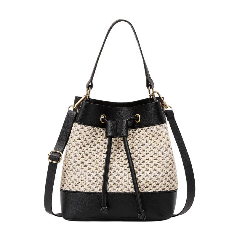 Faux Leather Straw Crossbody Bags Drawstring Closure