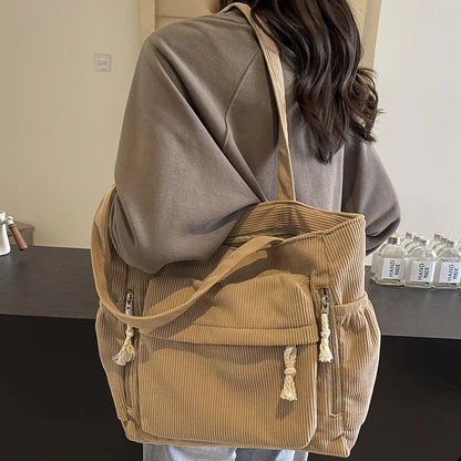 Corduroy Tote Bag Multiple Pockets Casual Chic Handbag Women Shoulder Bags Woman Perfect Shopping