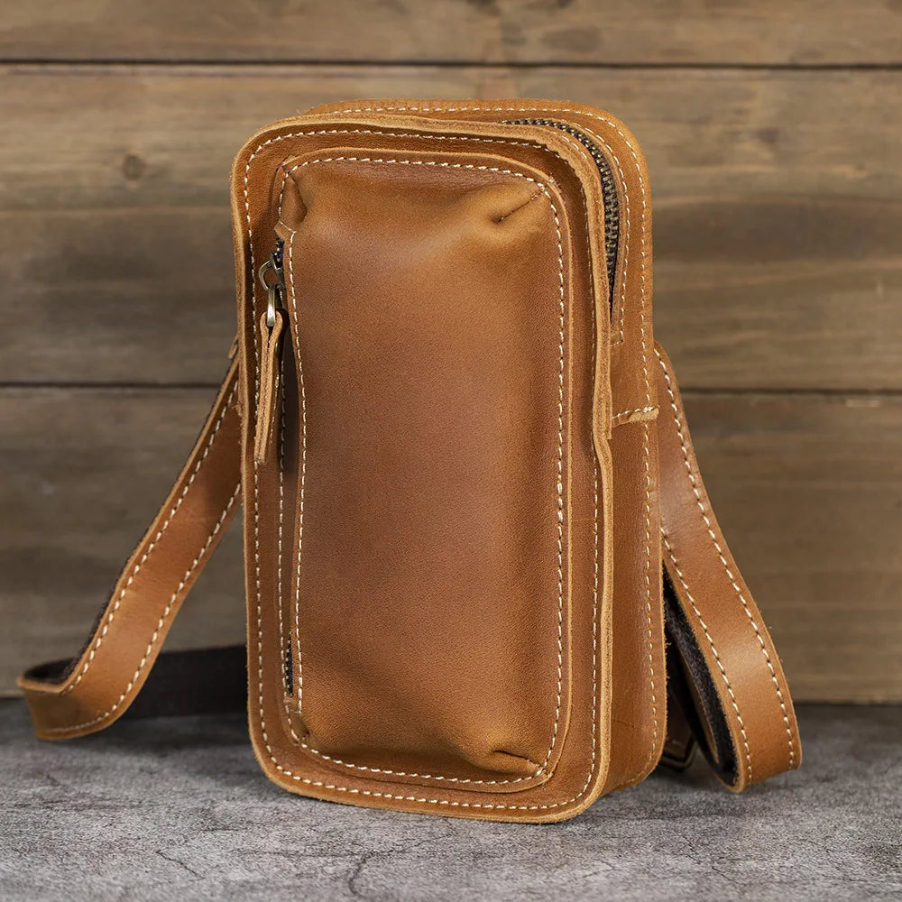 Crazy Horse Leather Men S Crossbody Waist Bag Vertical Cowhide Genuine Leather Men S Retro Unique