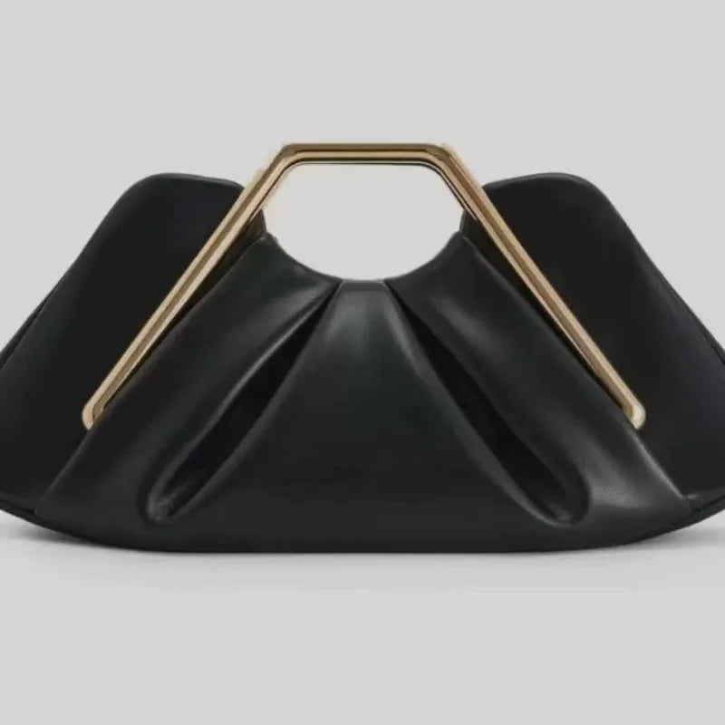 Elegant Pleated Leather Clutch Bag Luxury Gold Metal Frame Handbag Vintage Evening Party Purse