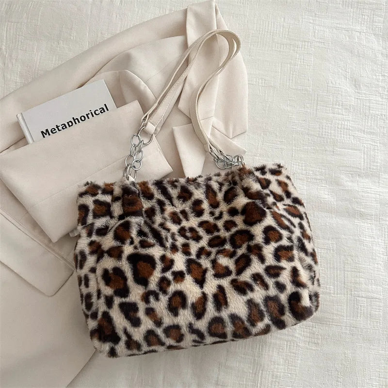 Leopard Print Plush Tote Bag – Soft Fuzzy Shoulder Handbag