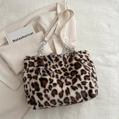 Leopard Print Plush Tote Bag – Soft Fuzzy Shoulder Handbag