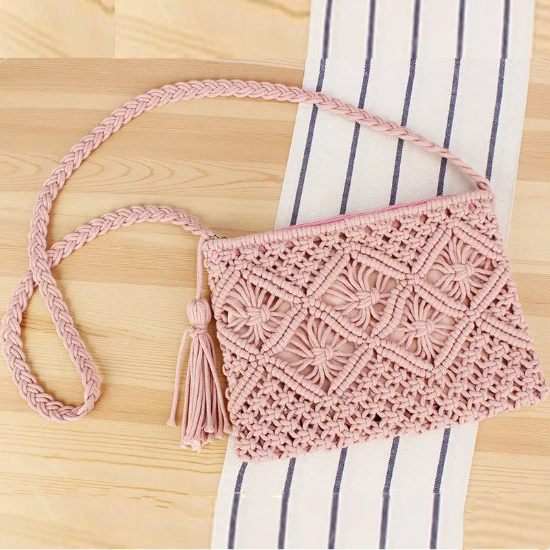 Bohemian Woven Rope Crossbody Bag with Tassel Detail