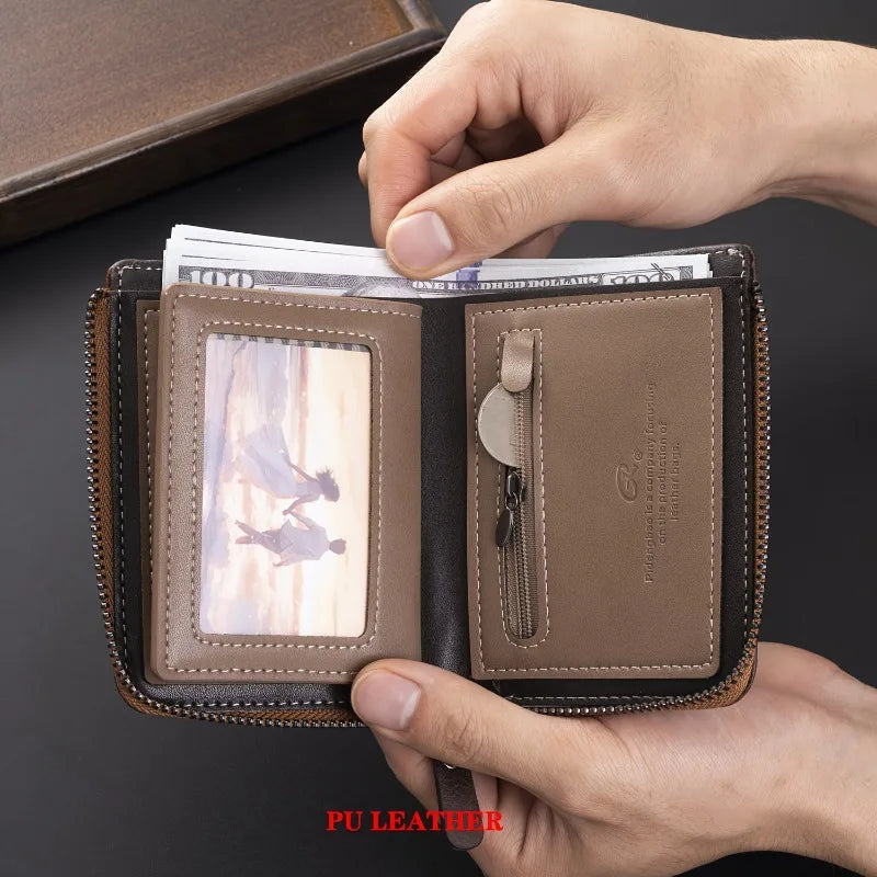 Men's Leather Bifold Wallet – Multi-Card Slots & Zipper Coin Pocket