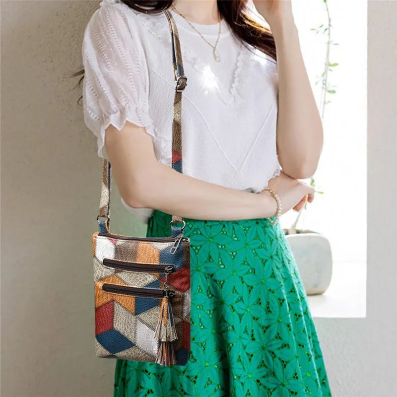 Retro PU Leather Crossbody Bag – Color Block Plaid & Tassel