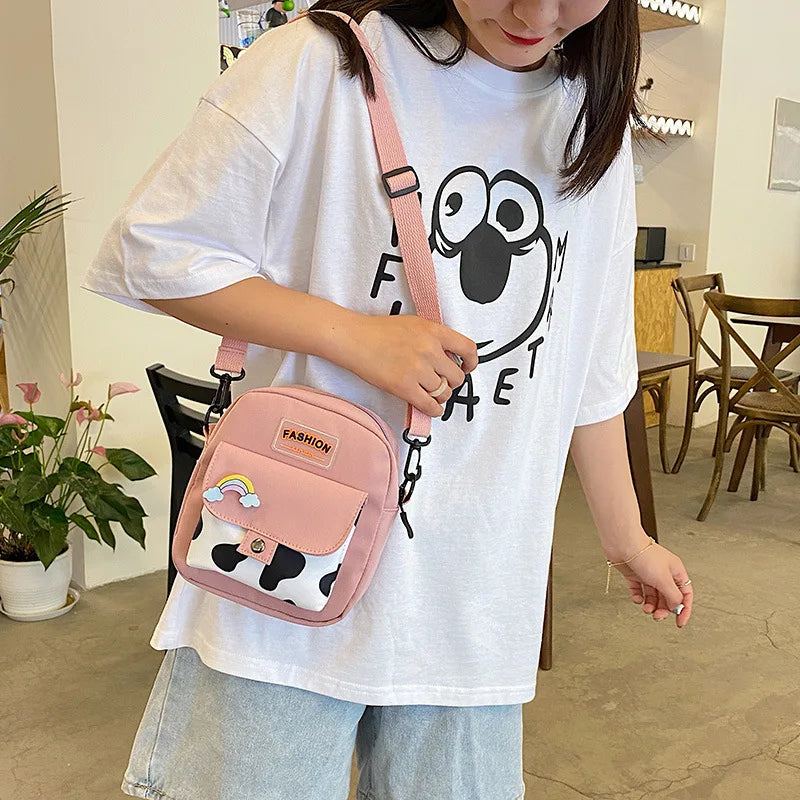 Stylish Cow Print Minimalist Crossbody Bag Lightweight Casual Shoulder Purse Rainbow Pin Students