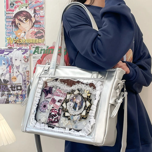 Y2k Pu Luxury Large Ita Bag Insert Women Big Clear Window Shoulder Anime Pin Display Girl Bow