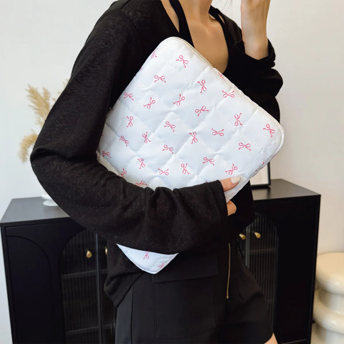 Simplicity Leisure Quilted Briefcase Bow Print Oxford Laptop Sleeve Shockproof Zipper Multi-Size