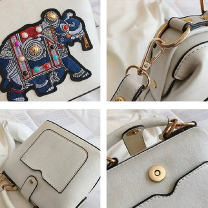 Elephant Embroidered Leather Crossbody Bag – Boho Satchel